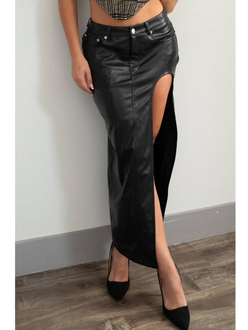 Faux Leather Side High Slit Maxi Skirt