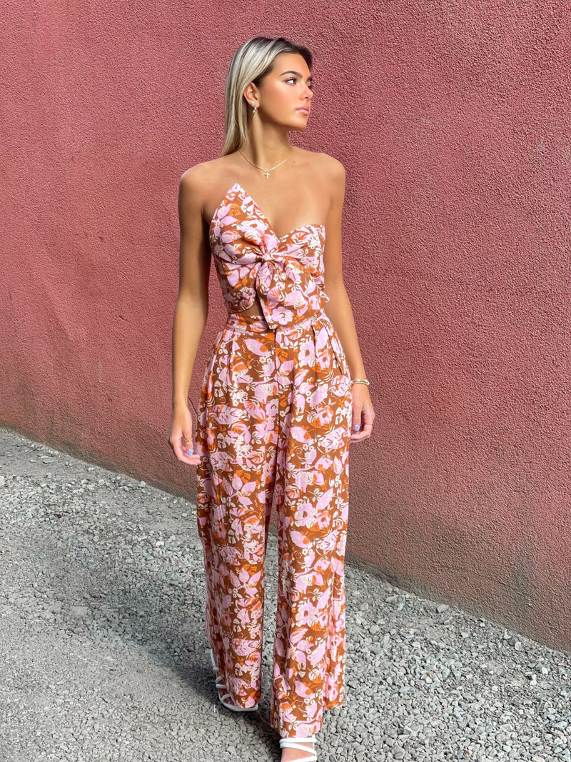 Printed Linen Bandeau Top With Wide Leg Pants