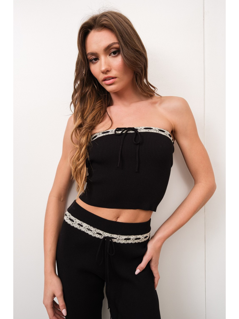 Lace Trim Ribbed Knit Tube Top with Pants