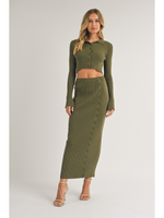 Front Button Ribbed Sweater Pencil Skirt