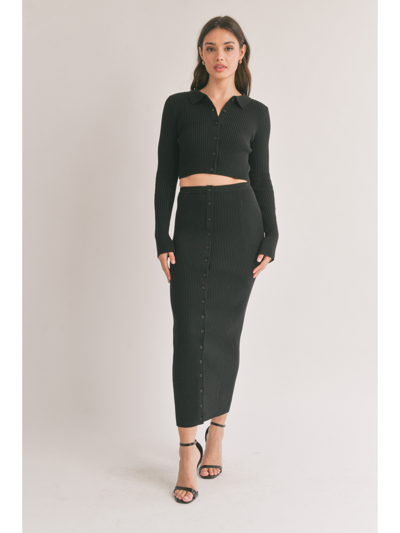 Front Button Ribbed Sweater Pencil Skirt
