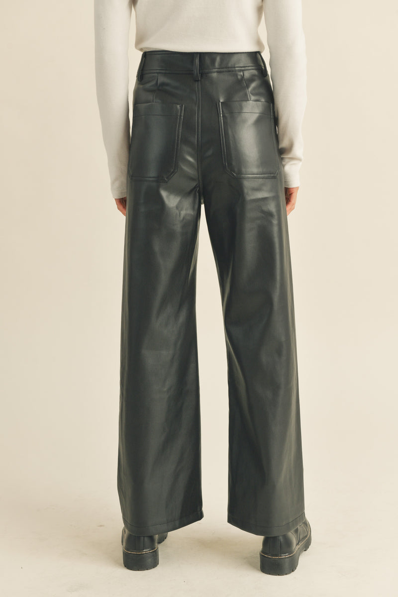 Faux Leather Front Pocket Wide Length Pants