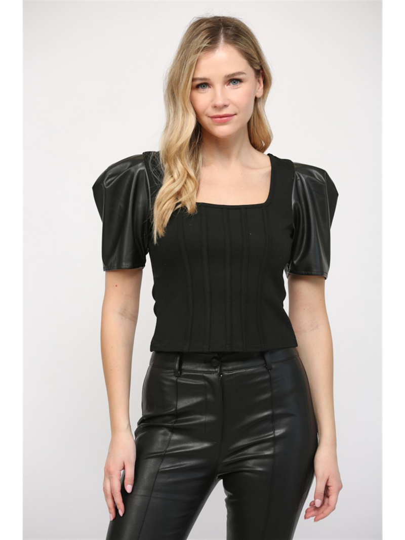 Faux Leather Puff Sleeve Bustier Top