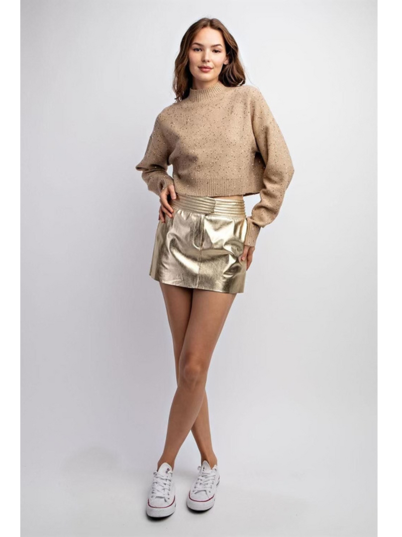 Padded Waist Metallic Fabric Pocket Detailed Mini Skirt