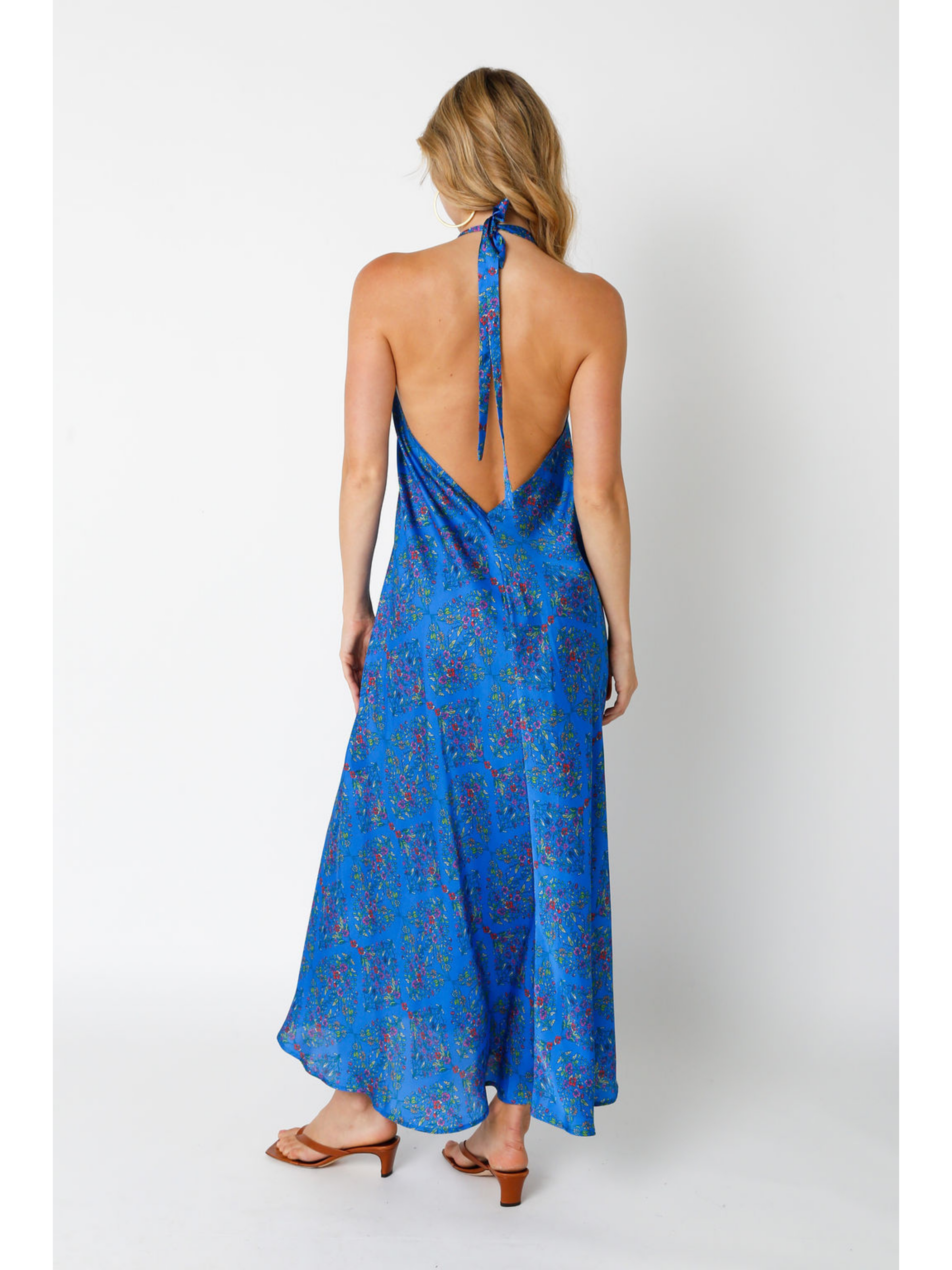 Blue halter maxi hot sale dress