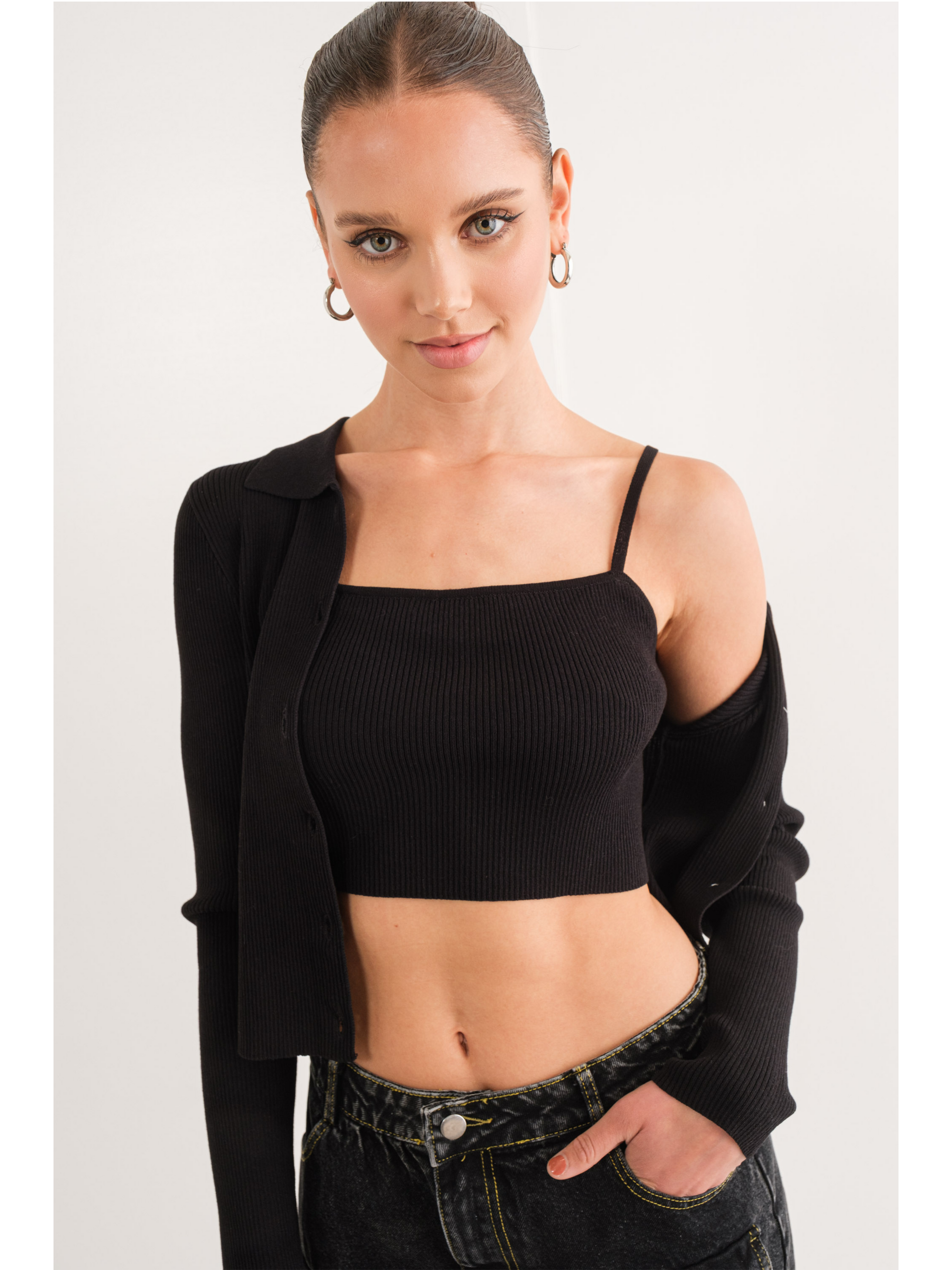 Ribbed Knit Crop Top Cardigan Set Ruby and Jenna