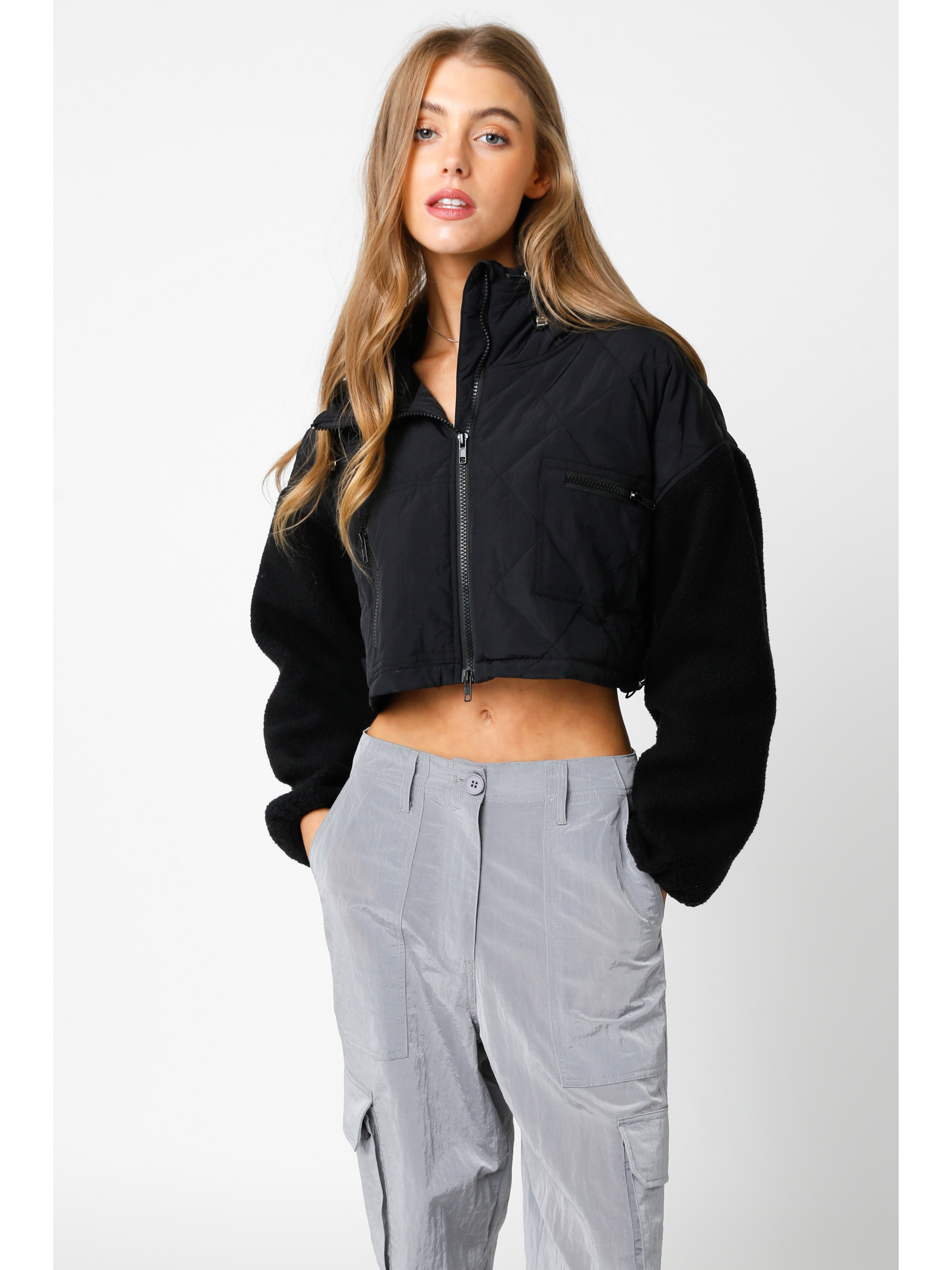 Cropped Quilted Jacket With Fuzzy Sleeve Ruby and Jenna